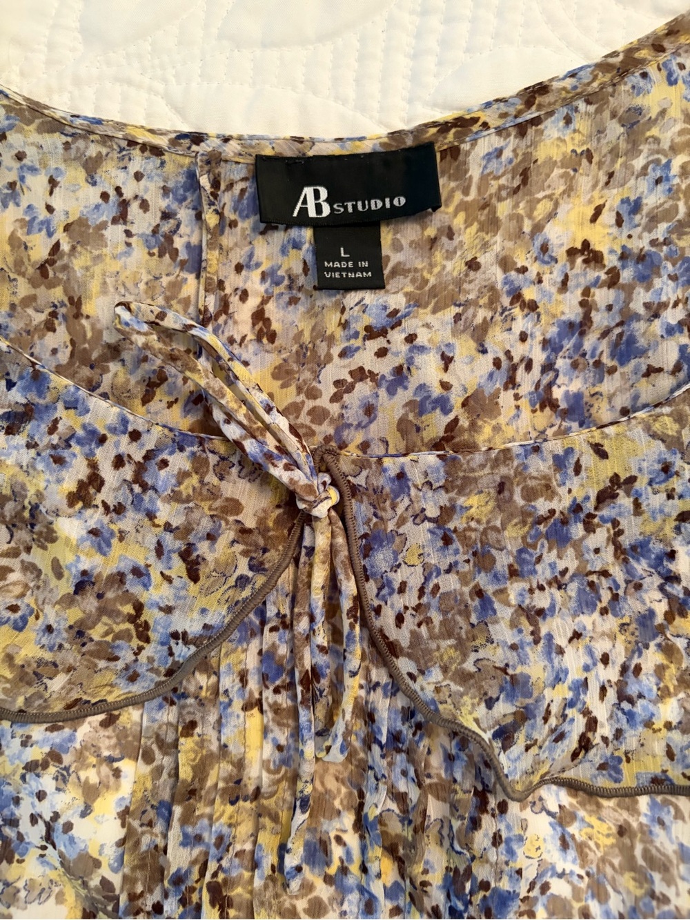AB Studio Floral Tie-Neck Blouse in Blue, Brown, and Yellow